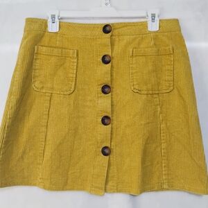 Corduroy Mini Skirt Patch Pockets Mustard Yellow Womens Large 70s Look Buttons O